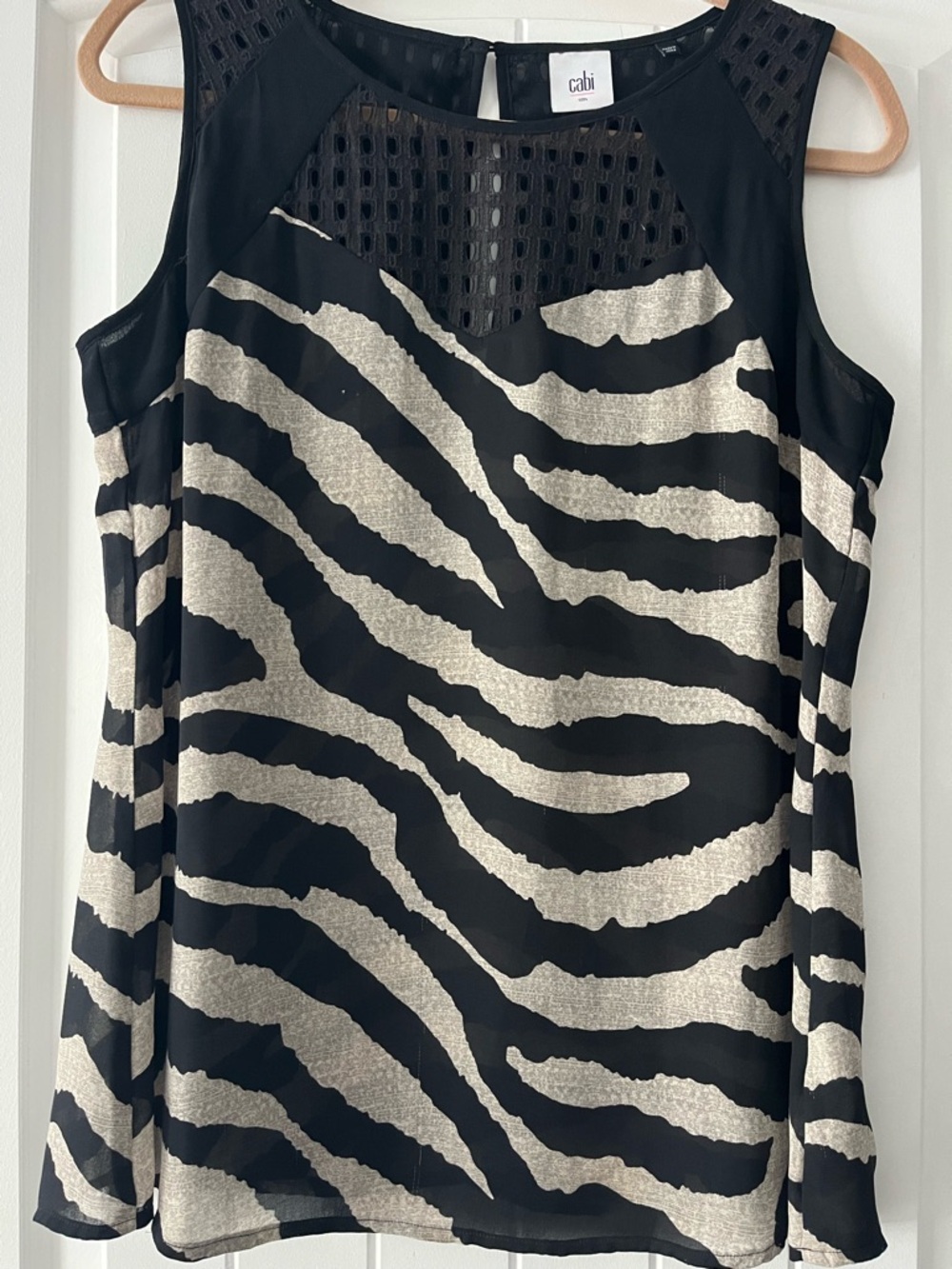 CAbi Black & Taupe Zebra Print Sleeveless Top with Mesh Yoke - Picture 1 of 4